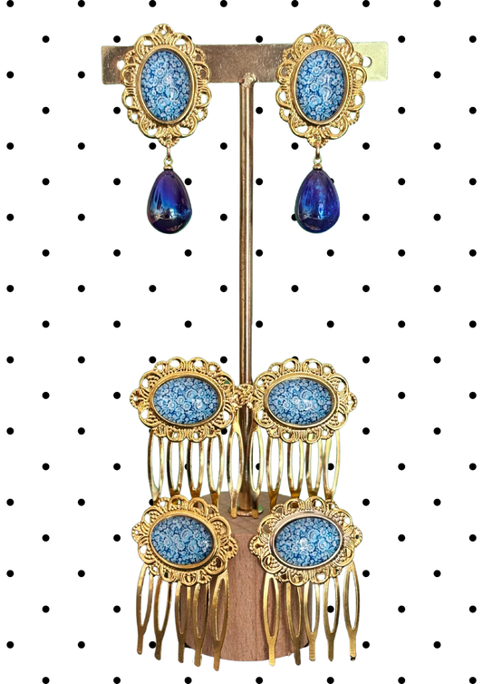 Parure boucles et peignes modèle Porcelana Bleu