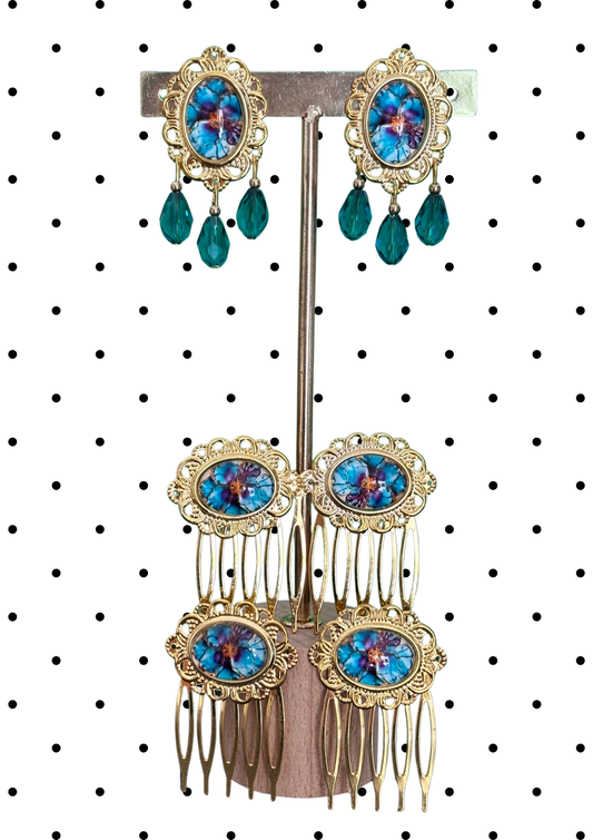 Parure boucles et peignes modèle Porcelana Turquoise