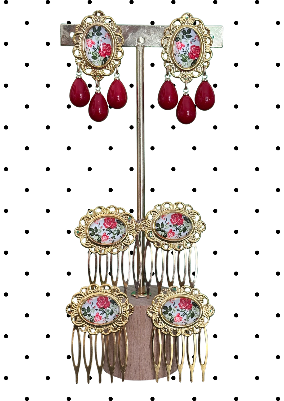 Parure boucles et peignes modèle Porcelana Rouge