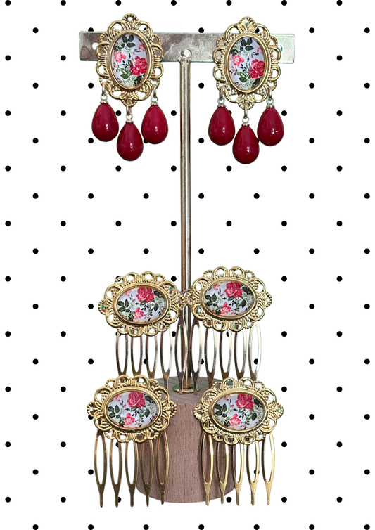 Parure boucles et peignes modèle Porcelana Rouge